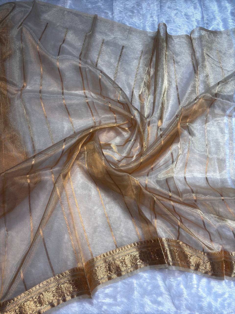 Champagne Gold Kora Tissue Banarasi Silk Saree with Kadhua Leaf Butis