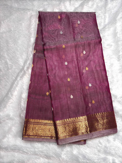 Magenta Pink Kora Tissue Banarasi Silk Saree with Kadhua Leaf Butis