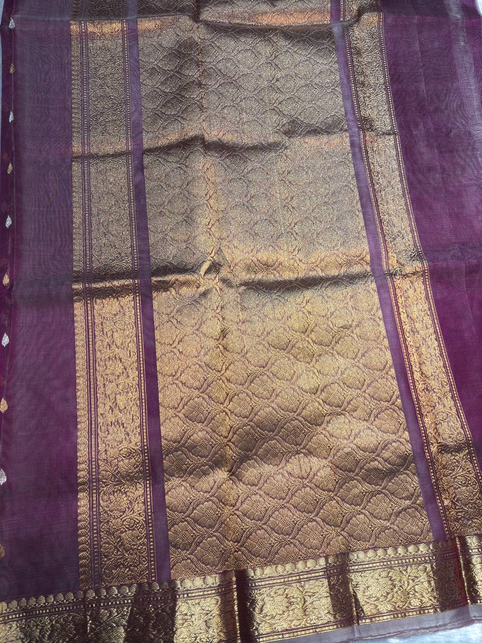 Magenta Pink Kora Tissue Banarasi Silk Saree with Kadhua Leaf Butis