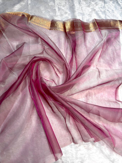Magenta Pink Kora Tissue Banarasi Silk Saree with Kadhua Leaf Butis