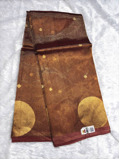 Mahogany Wine Kora Tissue Banarasi Silk Saree with Large Chand Buta and Kadhua Accents