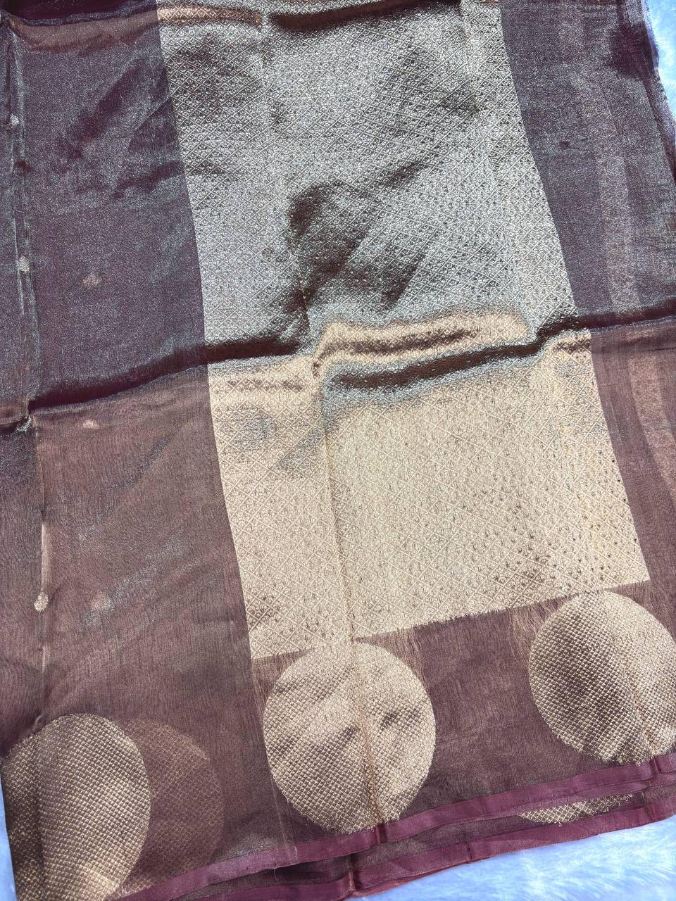 Mahogany Wine Kora Tissue Banarasi Silk Saree with Large Chand Buta and Kadhua Accents
