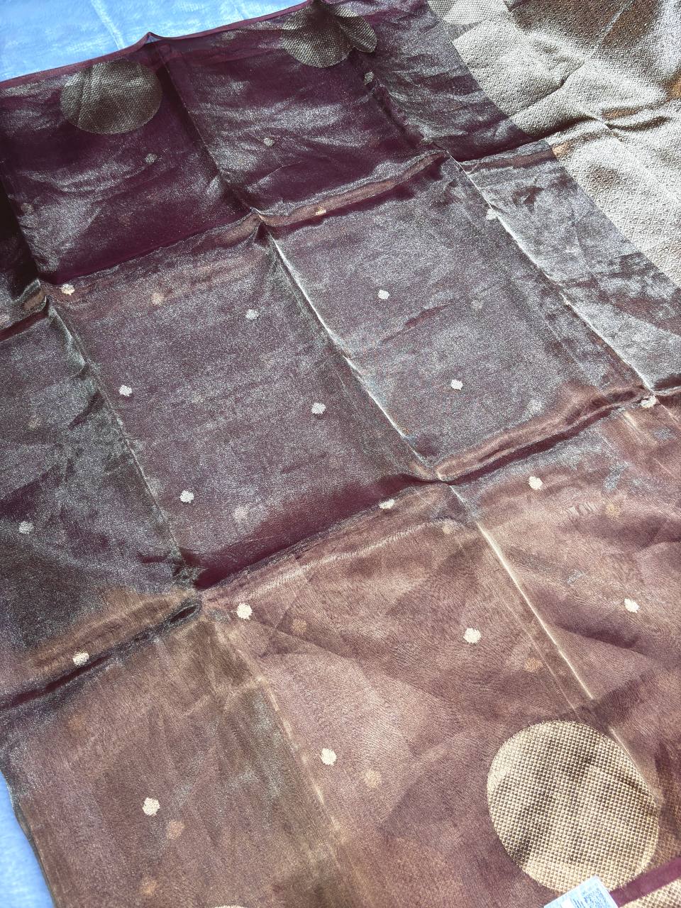 Mahogany Wine Kora Tissue Banarasi Silk Saree with Large Chand Buta and Kadhua Accents