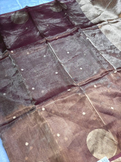 Mahogany Wine Kora Tissue Banarasi Silk Saree with Large Chand Buta and Kadhua Accents