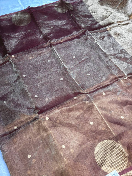 Mahogany Wine Kora Tissue Banarasi Silk Saree with Large Chand Buta and Kadhua Accents
