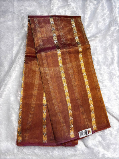 Copper Mahogany Kora Tissue Banarasi Silk Saree with Kadhua Stripe & Buti Pattern