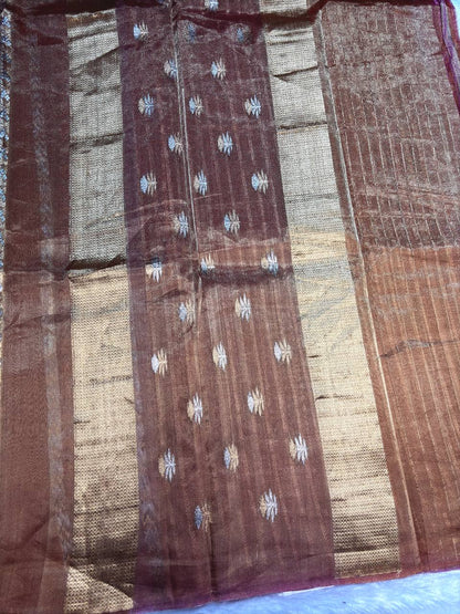 Copper Mahogany Kora Tissue Banarasi Silk Saree with Kadhua Stripe & Buti Pattern
