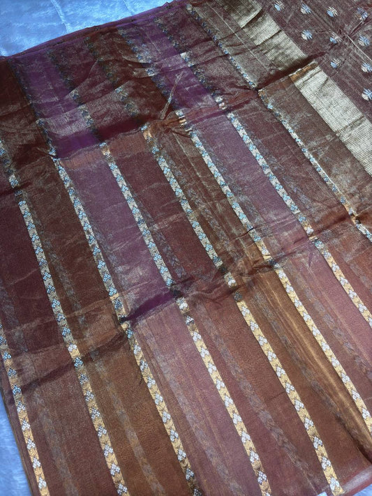 Copper Mahogany Kora Tissue Banarasi Silk Saree with Kadhua Stripe & Buti Pattern