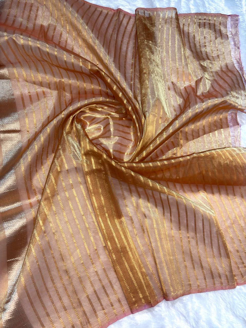 Copper Mahogany Kora Tissue Banarasi Silk Saree with Kadhua Stripe & Buti Pattern