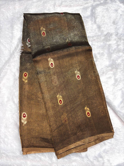 Charcoal Bronze Kora Tissue Banarasi Silk Saree with Meenakari Kadhua Butis