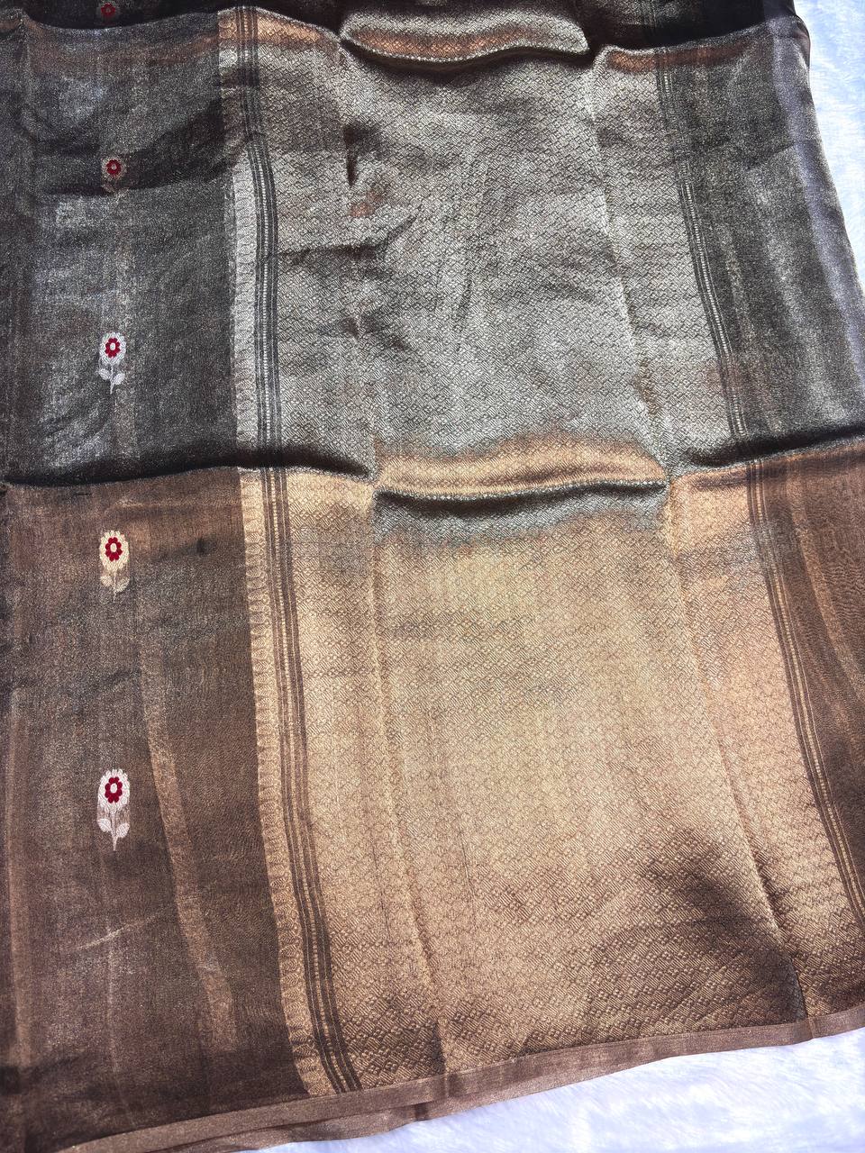 Charcoal Bronze Kora Tissue Banarasi Silk Saree with Meenakari Kadhua Butis