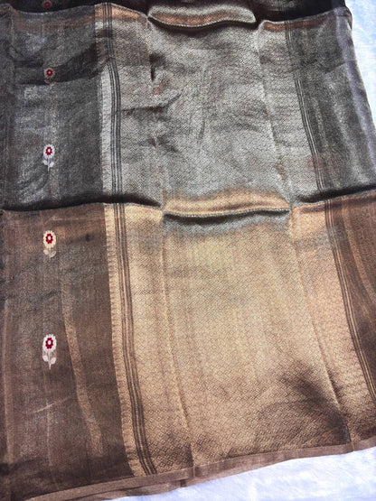 Charcoal Bronze Kora Tissue Banarasi Silk Saree with Meenakari Kadhua Butis