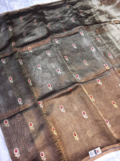 Charcoal Bronze Kora Tissue Banarasi Silk Saree with Meenakari Kadhua Butis
