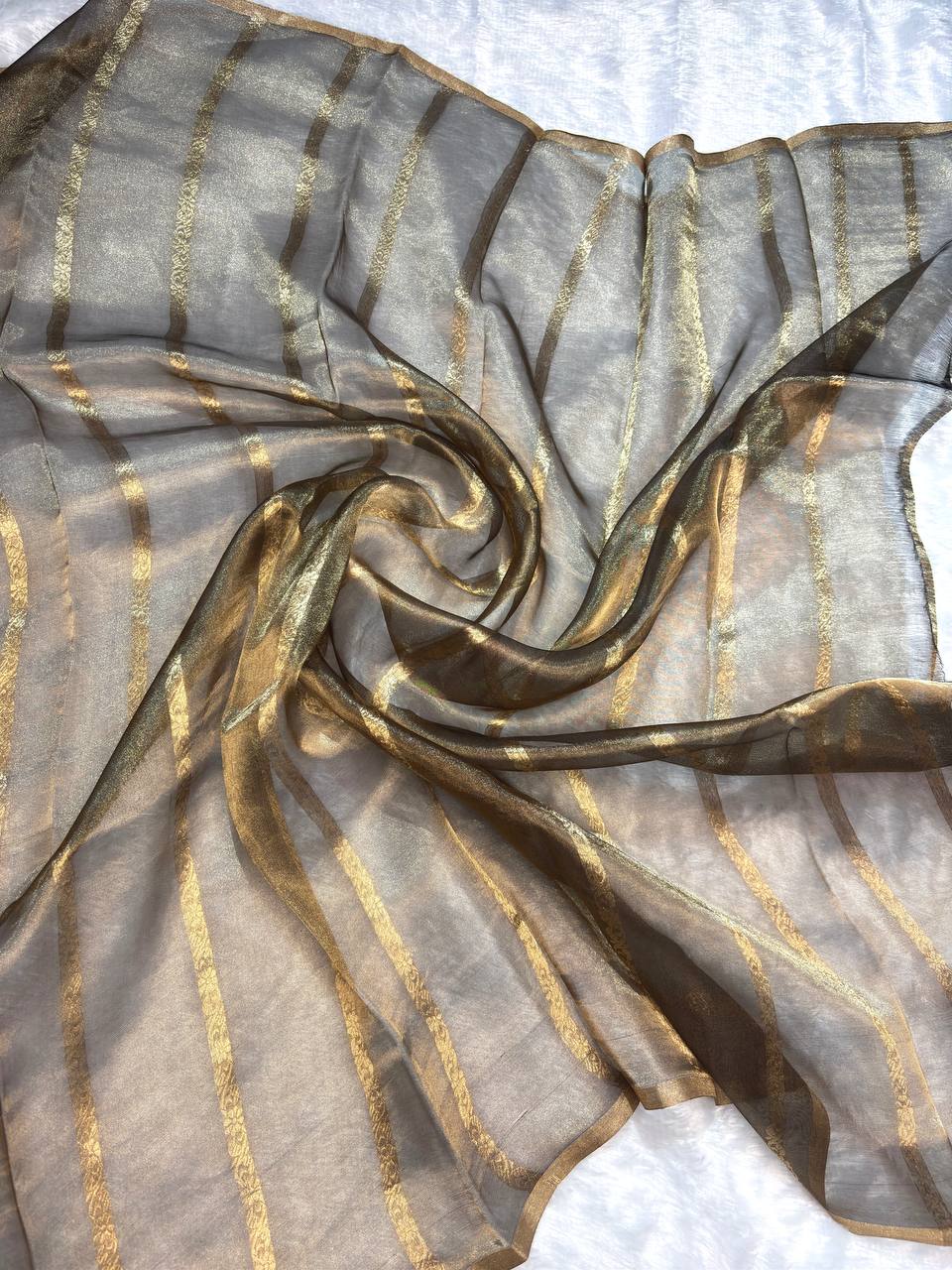 Charcoal Bronze Kora Tissue Banarasi Silk Saree with Meenakari Kadhua Butis