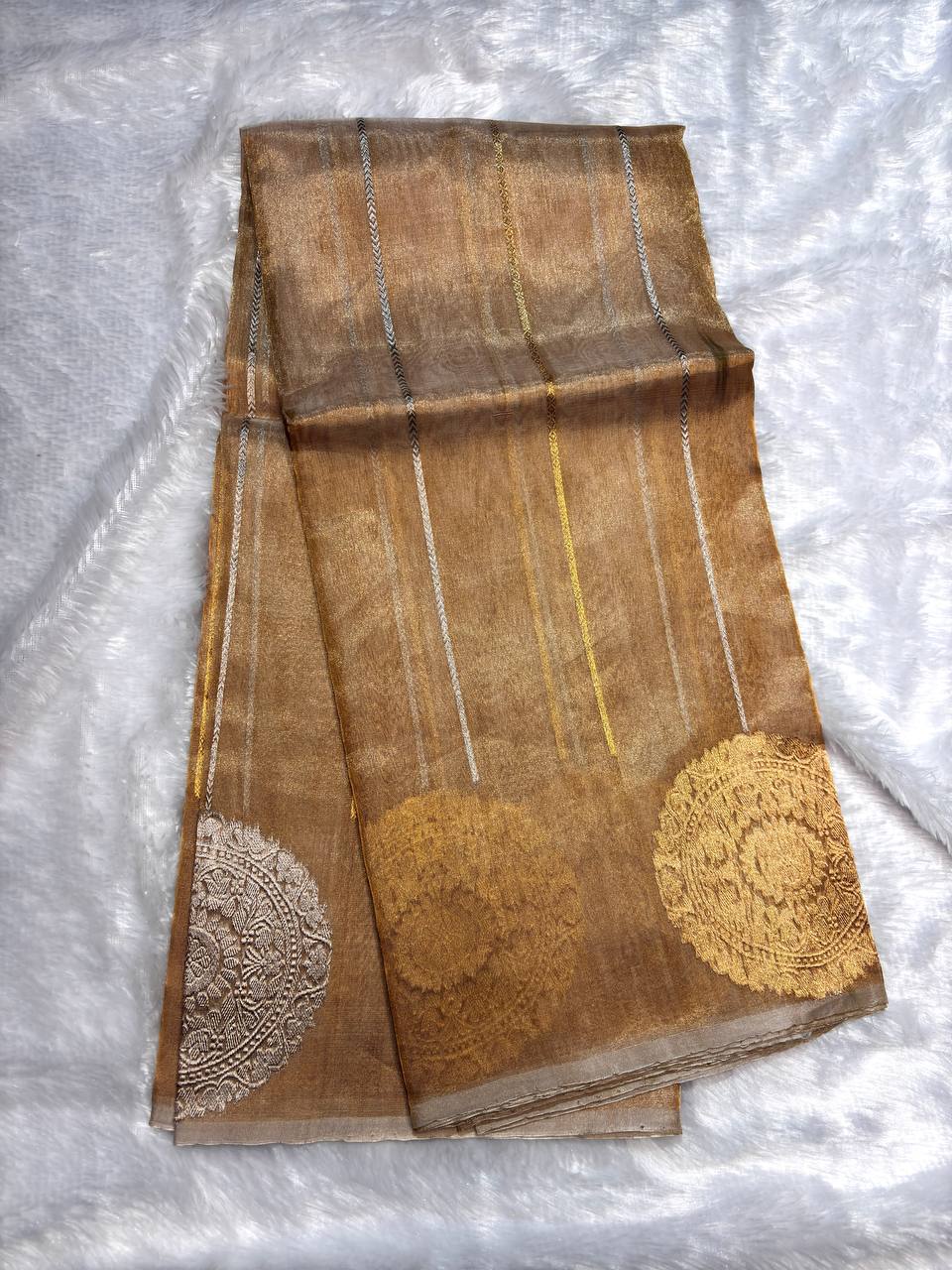 Champagne Silver Kora Tissue Banarasi Silk Saree with Kadhua Stripes and Large Chand Butas