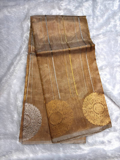 Champagne Silver Kora Tissue Banarasi Silk Saree with Kadhua Stripes and Large Chand Butas