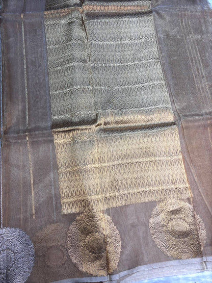 Champagne Silver Kora Tissue Banarasi Silk Saree with Kadhua Stripes and Large Chand Butas