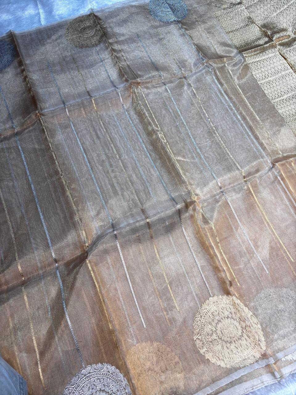 Champagne Silver Kora Tissue Banarasi Silk Saree with Kadhua Stripes and Large Chand Butas