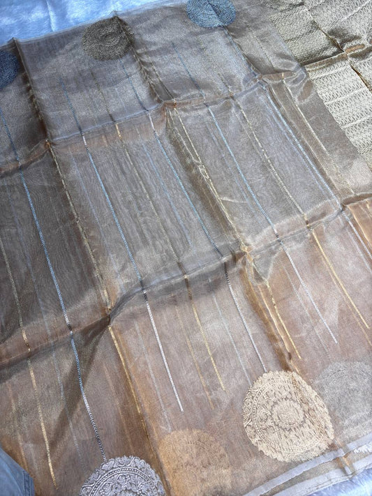 Champagne Silver Kora Tissue Banarasi Silk Saree with Kadhua Stripes and Large Chand Butas