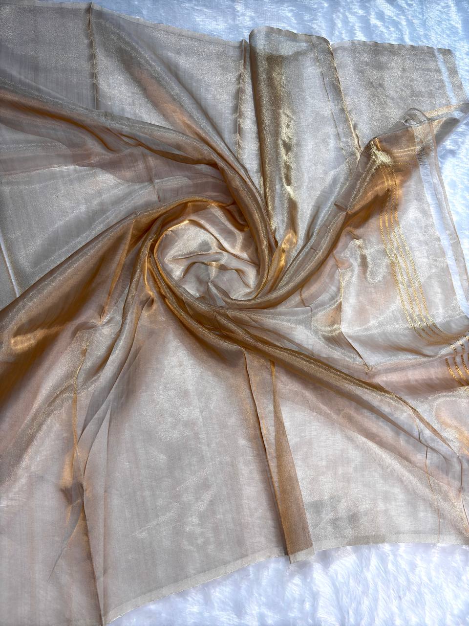 Champagne Silver Kora Tissue Banarasi Silk Saree with Kadhua Stripes and Large Chand Butas