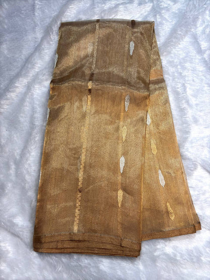 Golden Bronze Kora Tissue Banarasi Silk Saree with Kadhua Stripes and Raindrop Buti