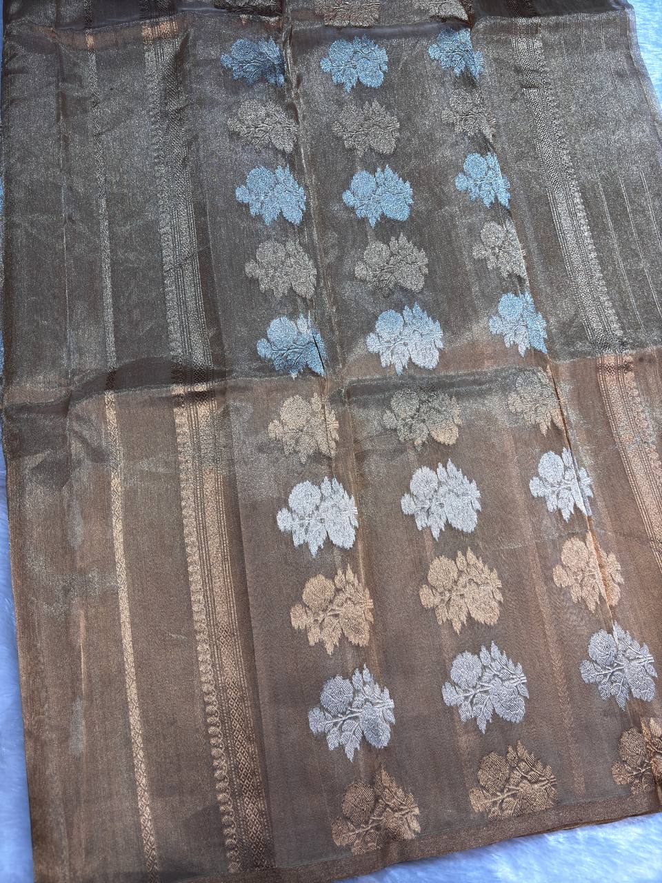 Golden Bronze Kora Tissue Banarasi Silk Saree with Kadhua Stripes and Raindrop Buti
