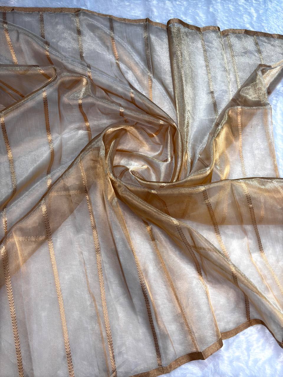 Golden Bronze Kora Tissue Banarasi Silk Saree with Kadhua Stripes and Raindrop Buti