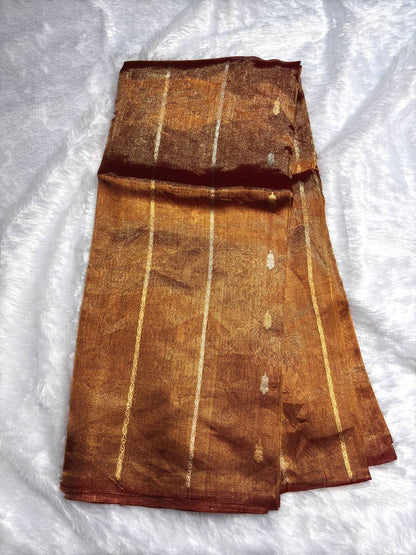 Coffee Copper Kora Tissue Banarasi Silk Saree with Kadhua Stripe & Raindrop Buti