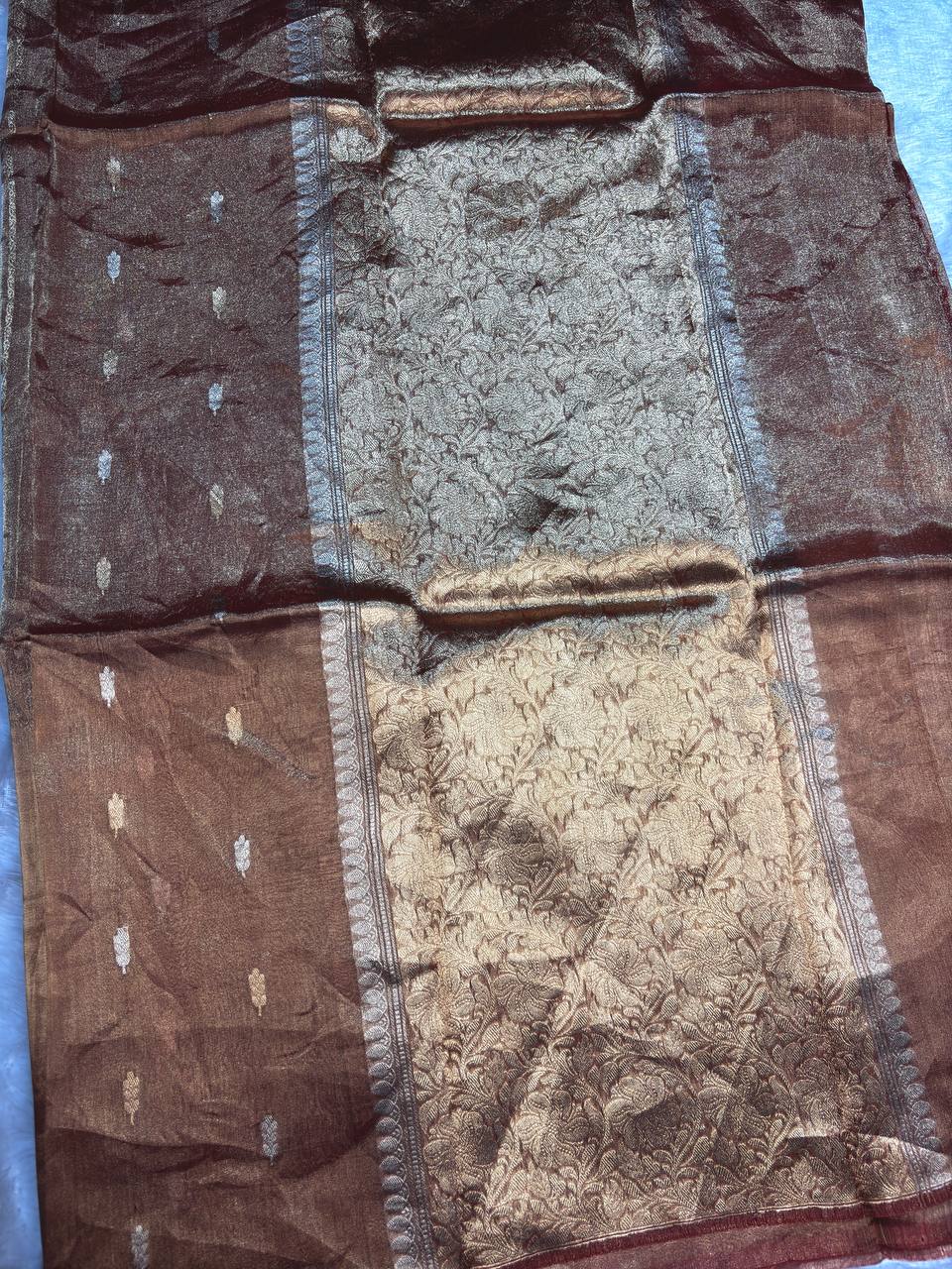 Coffee Copper Kora Tissue Banarasi Silk Saree with Kadhua Stripe & Raindrop Buti