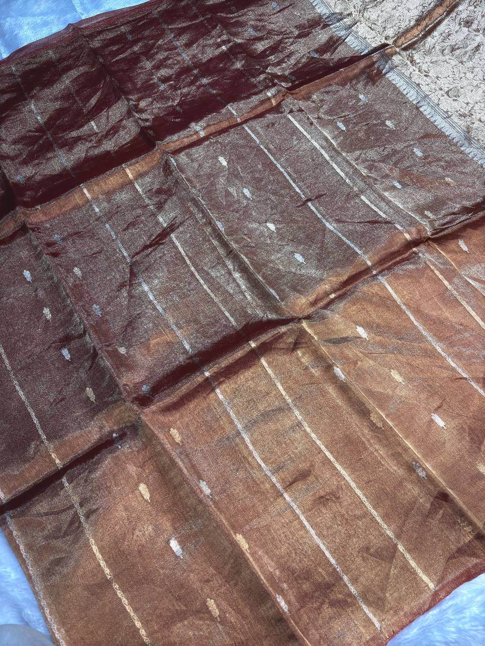 Coffee Copper Kora Tissue Banarasi Silk Saree with Kadhua Stripe & Raindrop Buti