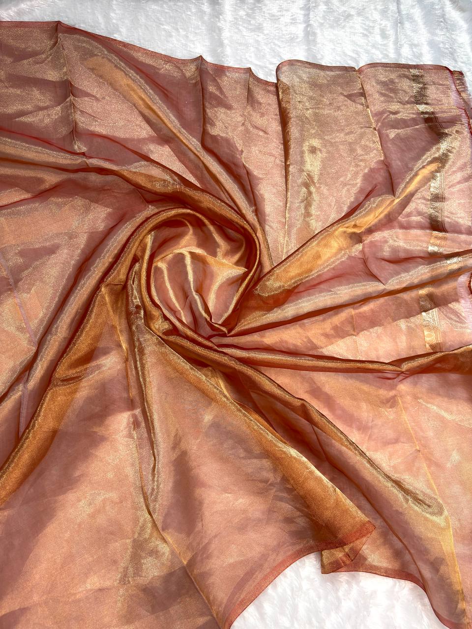 Coffee Copper Kora Tissue Banarasi Silk Saree with Kadhua Stripe & Raindrop Buti