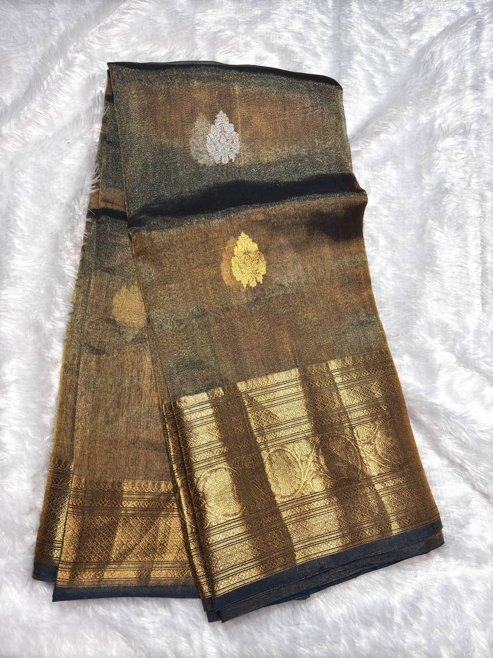 Midnight Teal Kora Tissue Banarasi Silk Saree with Kadhua Paisleys and Stripes