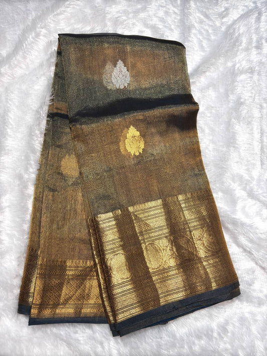 Midnight Teal Kora Tissue Banarasi Silk Saree with Kadhua Paisleys and Stripes