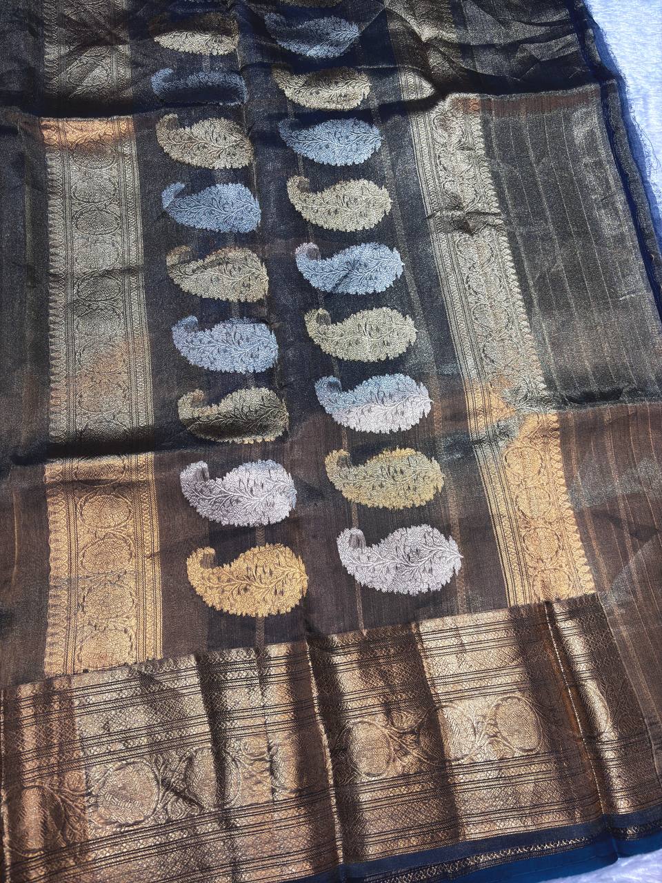 Midnight Teal Kora Tissue Banarasi Silk Saree with Kadhua Paisleys and Stripes
