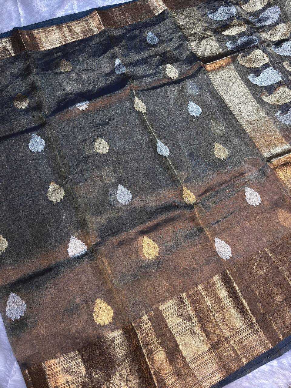 Midnight Teal Kora Tissue Banarasi Silk Saree with Kadhua Paisleys and Stripes