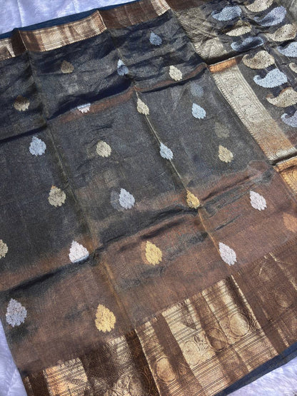Midnight Teal Kora Tissue Banarasi Silk Saree with Kadhua Paisleys and Stripes