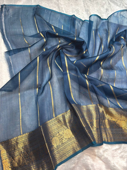 Midnight Teal Kora Tissue Banarasi Silk Saree with Kadhua Paisleys and Stripes