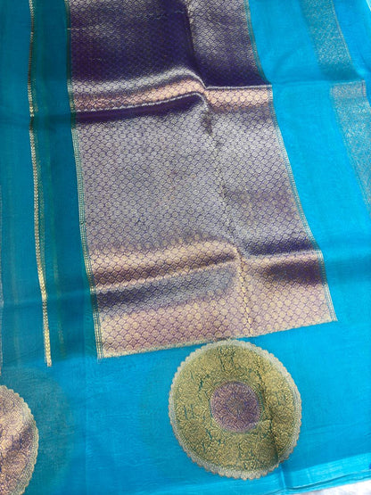 Kora Silk Rungkaat Saree in Firoza Blue with Kadhua Zari Borders