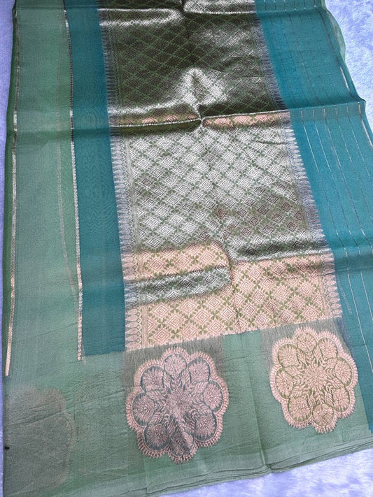 Handwoven Banarasi Kora Silk Rungkaat Saree with Kadhua Floral Butas and Zari Stripes