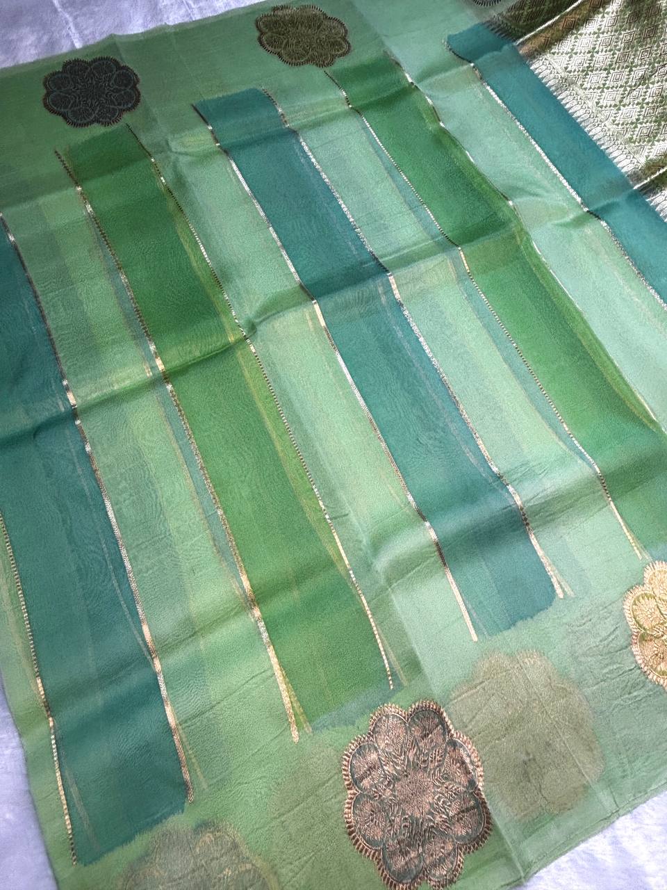 Handwoven Banarasi Kora Silk Rungkaat Saree with Kadhua Floral Butas and Zari Stripes