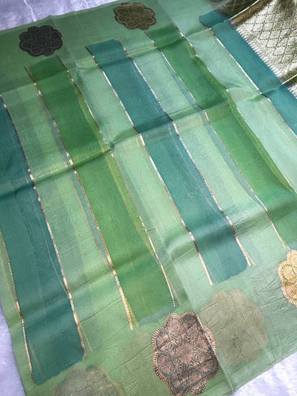 Handwoven Banarasi Kora Silk Rungkaat Saree with Kadhua Floral Butas and Zari Stripes