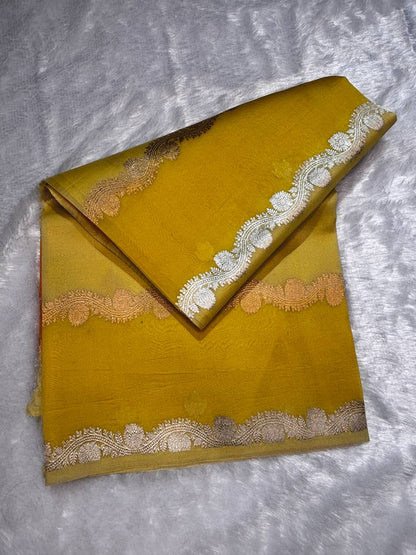 Kora Silk Rungkaat Saree with Scalloped Zari Borders