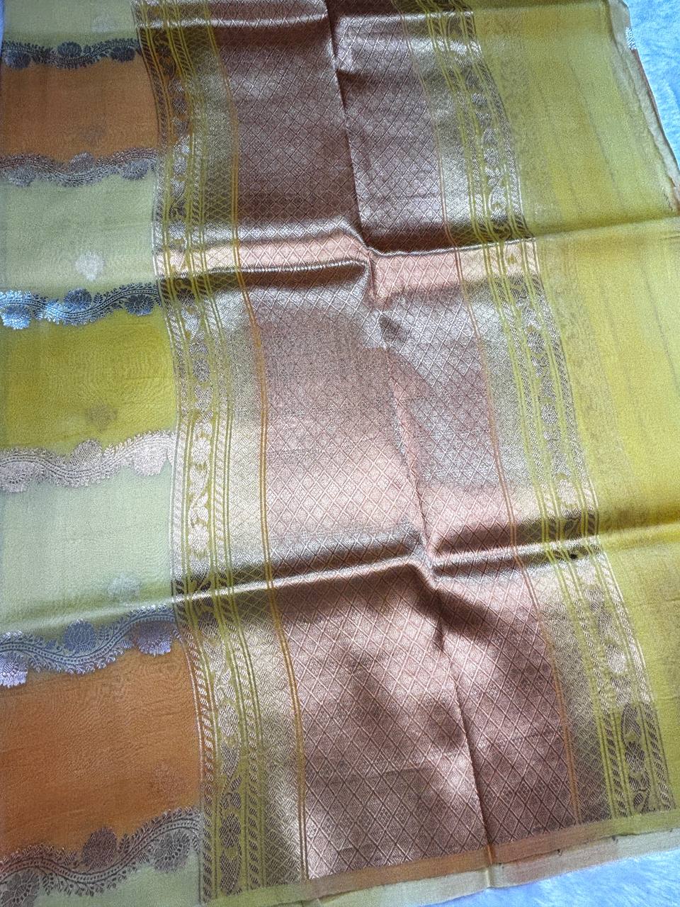 Kora Silk Rungkaat Saree with Scalloped Zari Borders