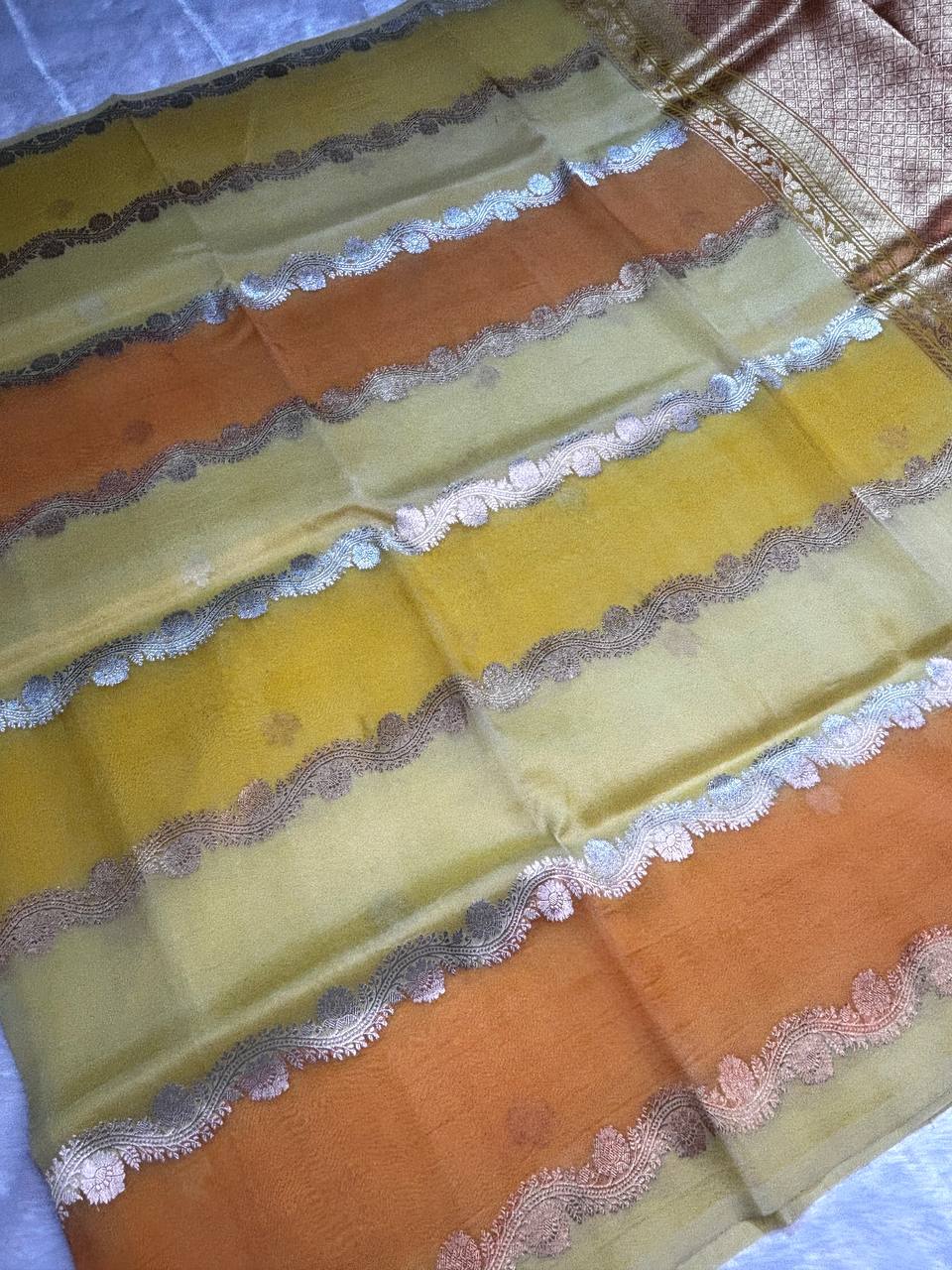 Kora Silk Rungkaat Saree with Scalloped Zari Borders