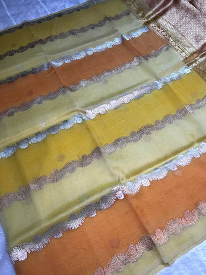 Kora Silk Rungkaat Saree with Scalloped Zari Borders