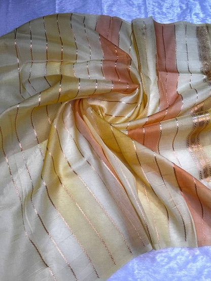 Kora Silk Rungkaat Saree with Scalloped Zari Borders