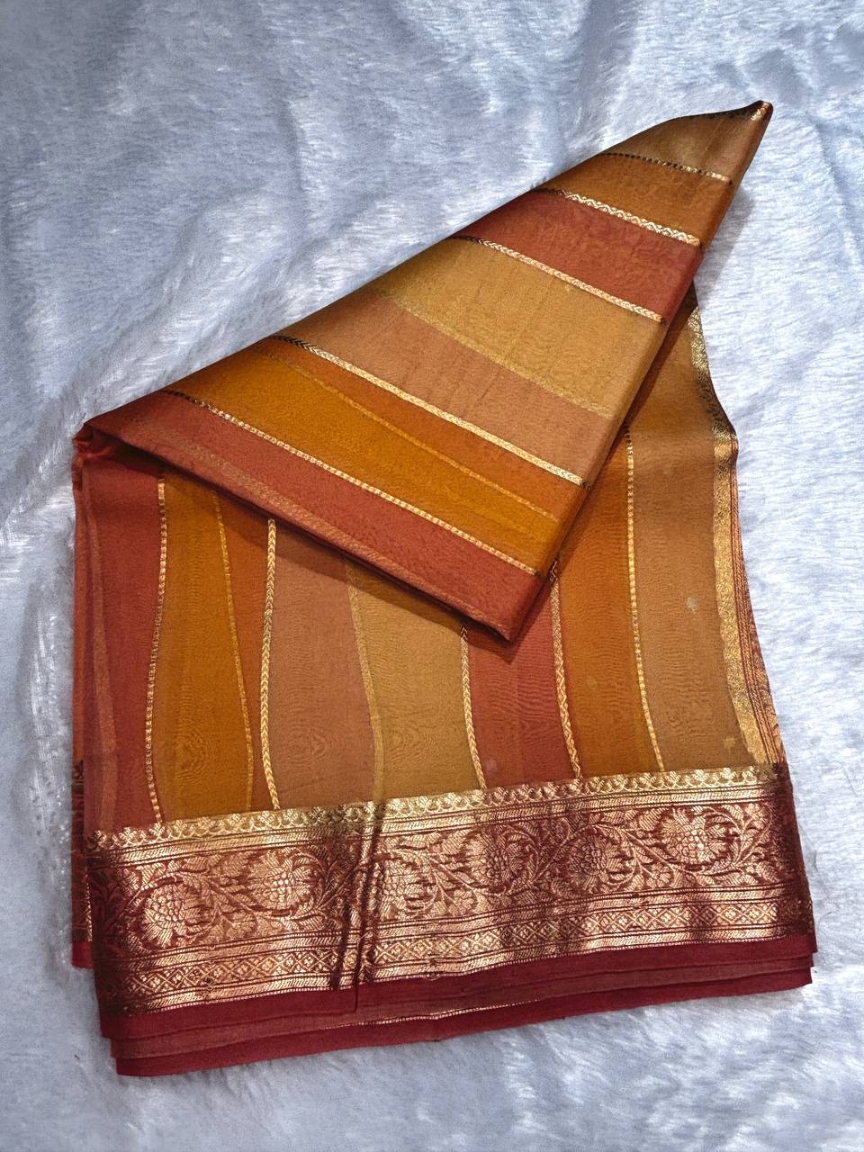 Rust and Amber gradient Handwoven Banarasi Kora Silk Rungkaat Saree with Floral Zari Borders
