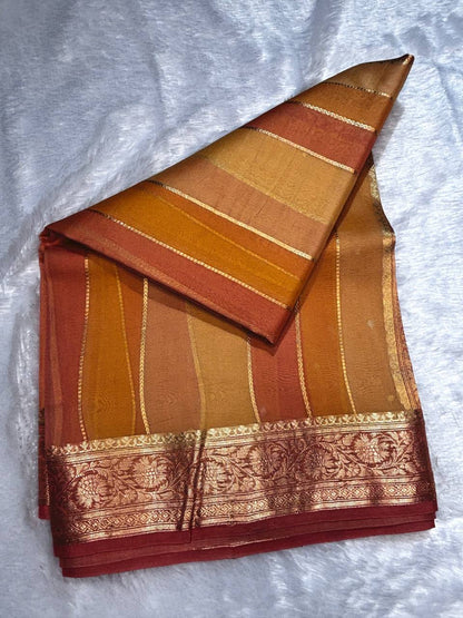 Rust and Amber gradient Handwoven Banarasi Kora Silk Rungkaat Saree with Floral Zari Borders