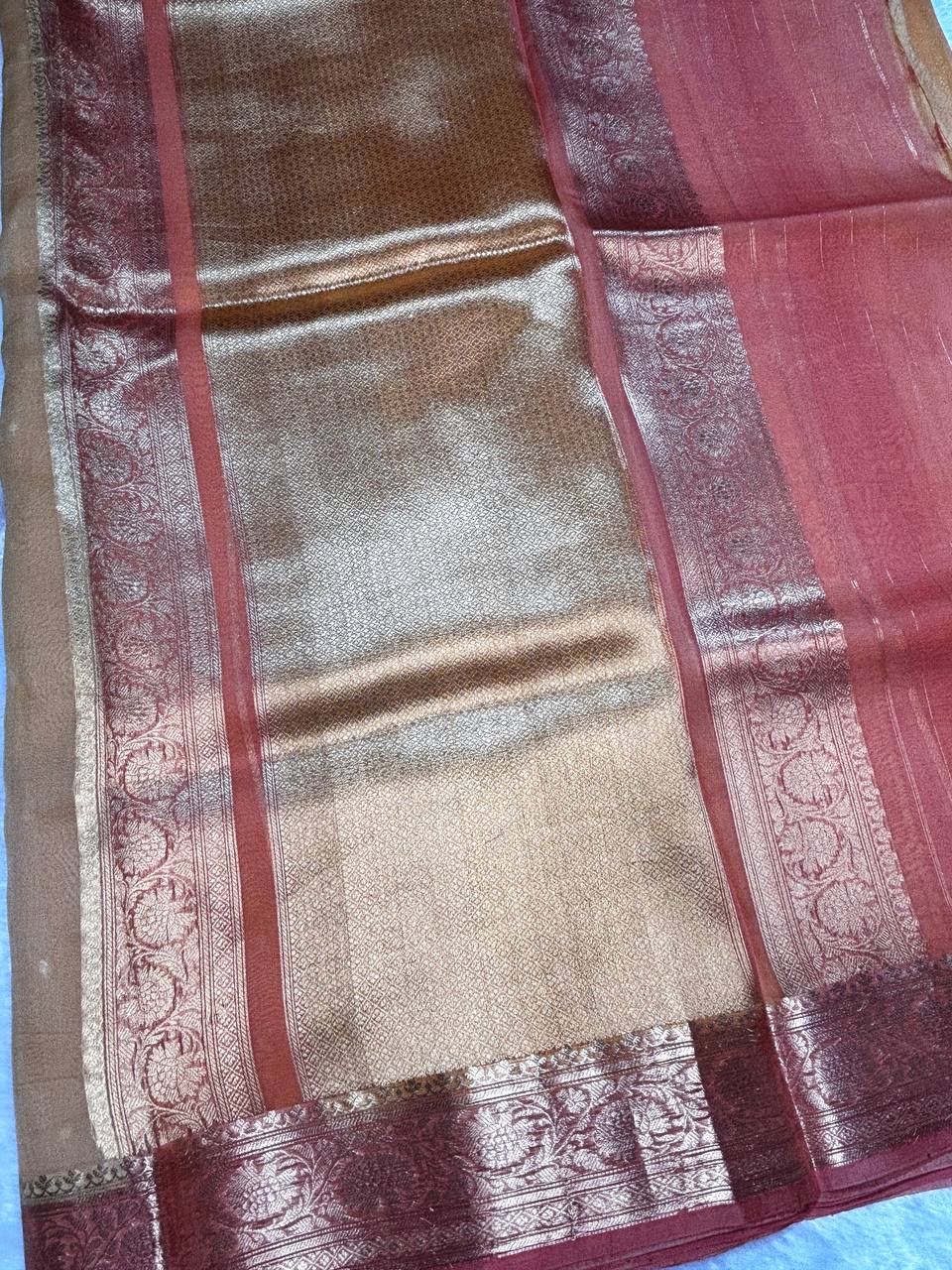 Rust and Amber gradient Handwoven Banarasi Kora Silk Rungkaat Saree with Floral Zari Borders