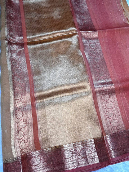 Rust and Amber gradient Handwoven Banarasi Kora Silk Rungkaat Saree with Floral Zari Borders